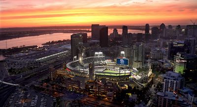 Aerial of Petco Park and Downtown San Diego at Sunset