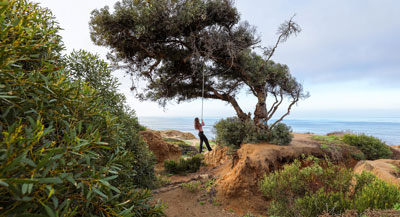 Woman swinging on a swing overlooking the Pacific Ocean in La Jolla San Diego